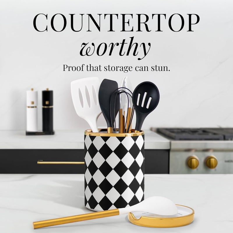styled settings Black & White Checkered Utensil Holder Set – Large Ceramic Kitchen Utensil Holder for Countertop with Gold Spoon Rest – Stylish Checkered Kitchen Decor & Organizer - Image 4